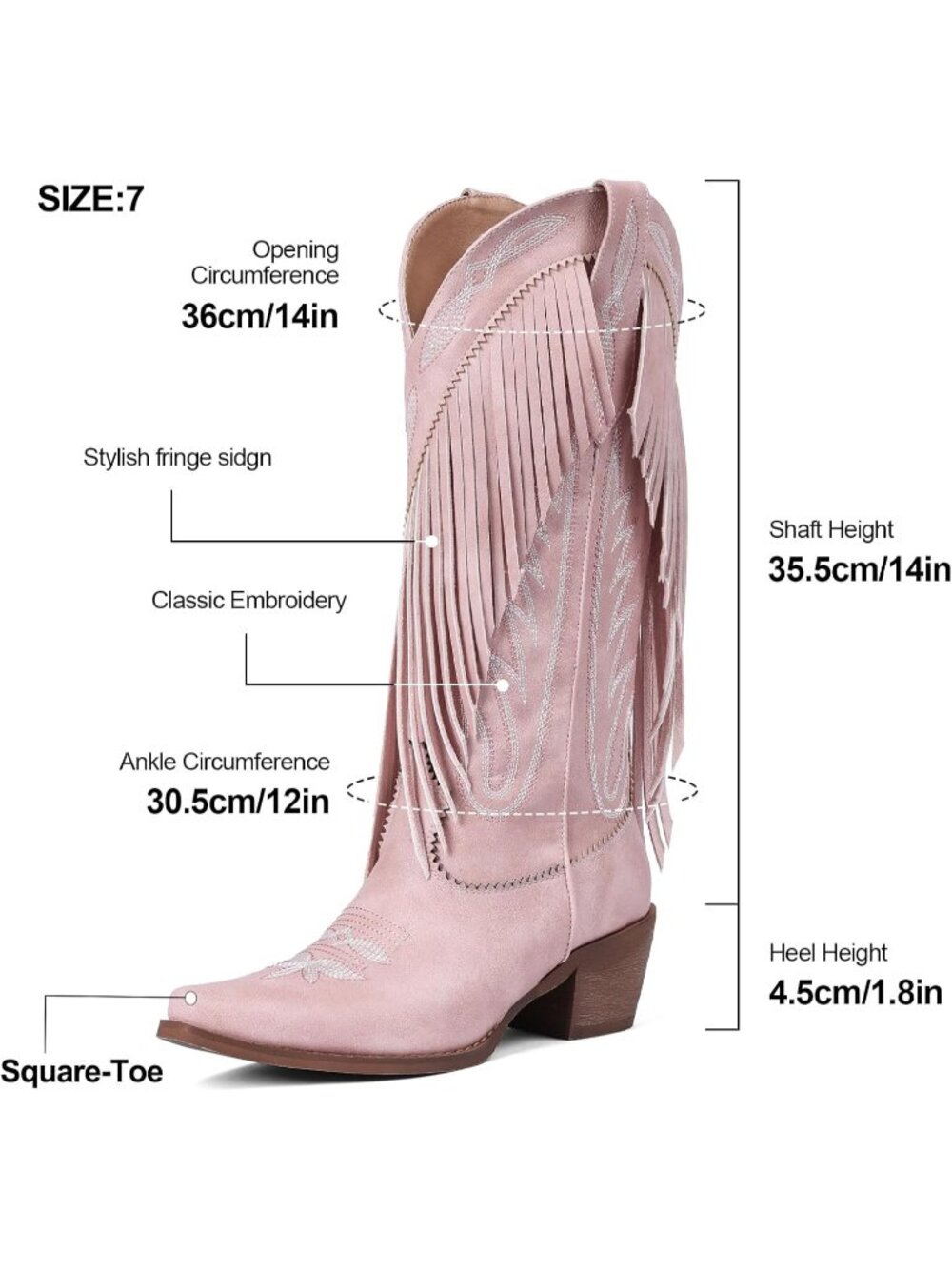 Women Pink Leather Pull On Block Chunky Suede Fringe Cowboy Pointed Toe Boot - Picture 5 of 6